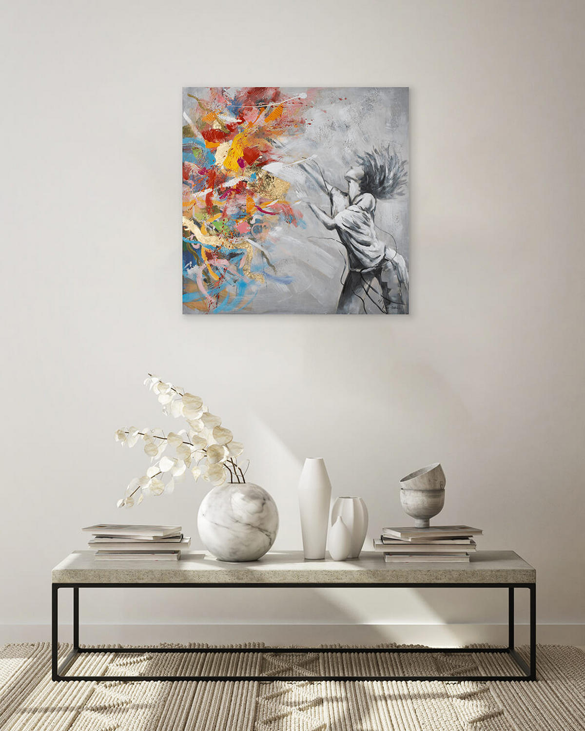 RUČNE MAĽOVANÝ AKRYLOVÝ OBRAZ 80/80 cm, sivý, abstraktný geometrický motív - sivá, drevo/textil (80/80cm) - KUNSTLOFT