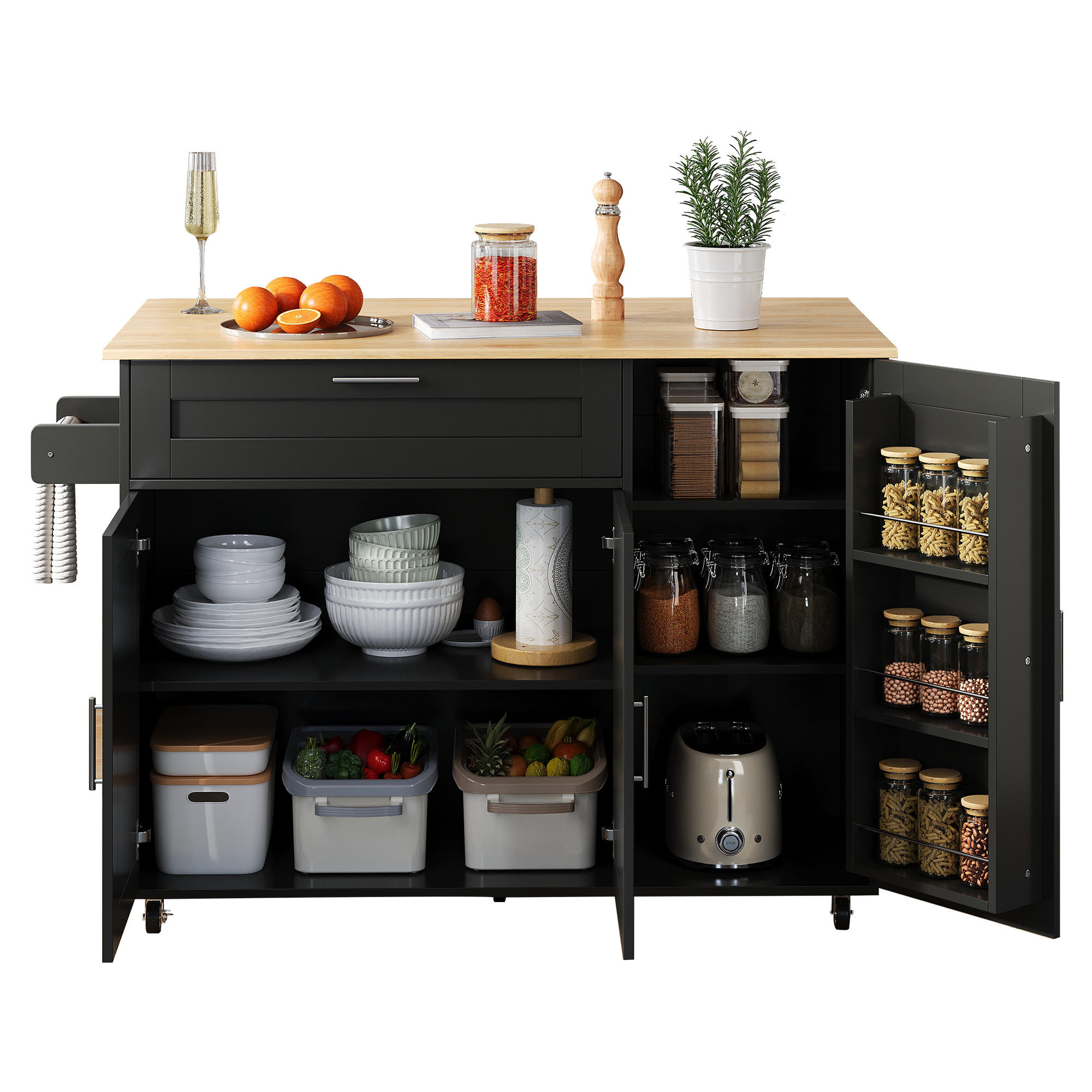 KÜCHENINSEL in Schwarz und Naturfarben mit klappbarer Tischplatte für Küche und Esszimmer, B132.5/T44(70)/H90 cm - Schwarz, Holzwerkstoff/Metall (132.5/90/44cm) - STILVORA