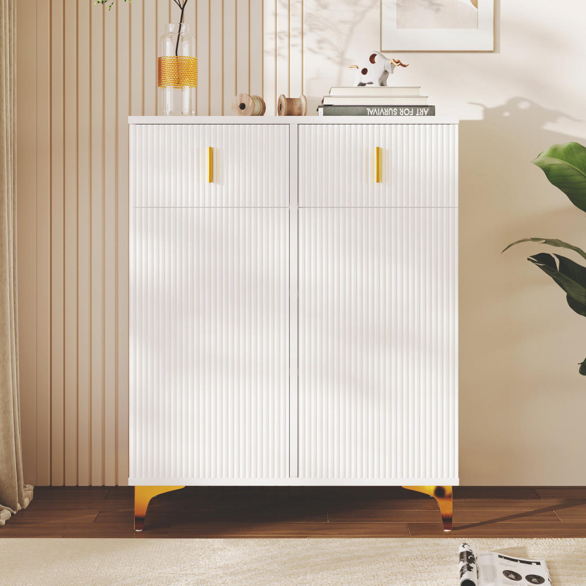 SCHUHSCHRANK Sideboard Weiß mit Schubladen, Push-to-Open und goldenen Akzenten - Weiß, Holz (83/101/35cm) - PARAFTA HOME