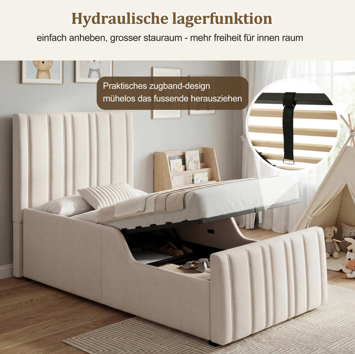 KINDERBETT 90/200 cm mit hydraulischem Bettkasten, Lattenrost, gepolsterten Seitenlehnen und Leinenbezug, Beige - Beige, Textil (90/200cm) - Redom