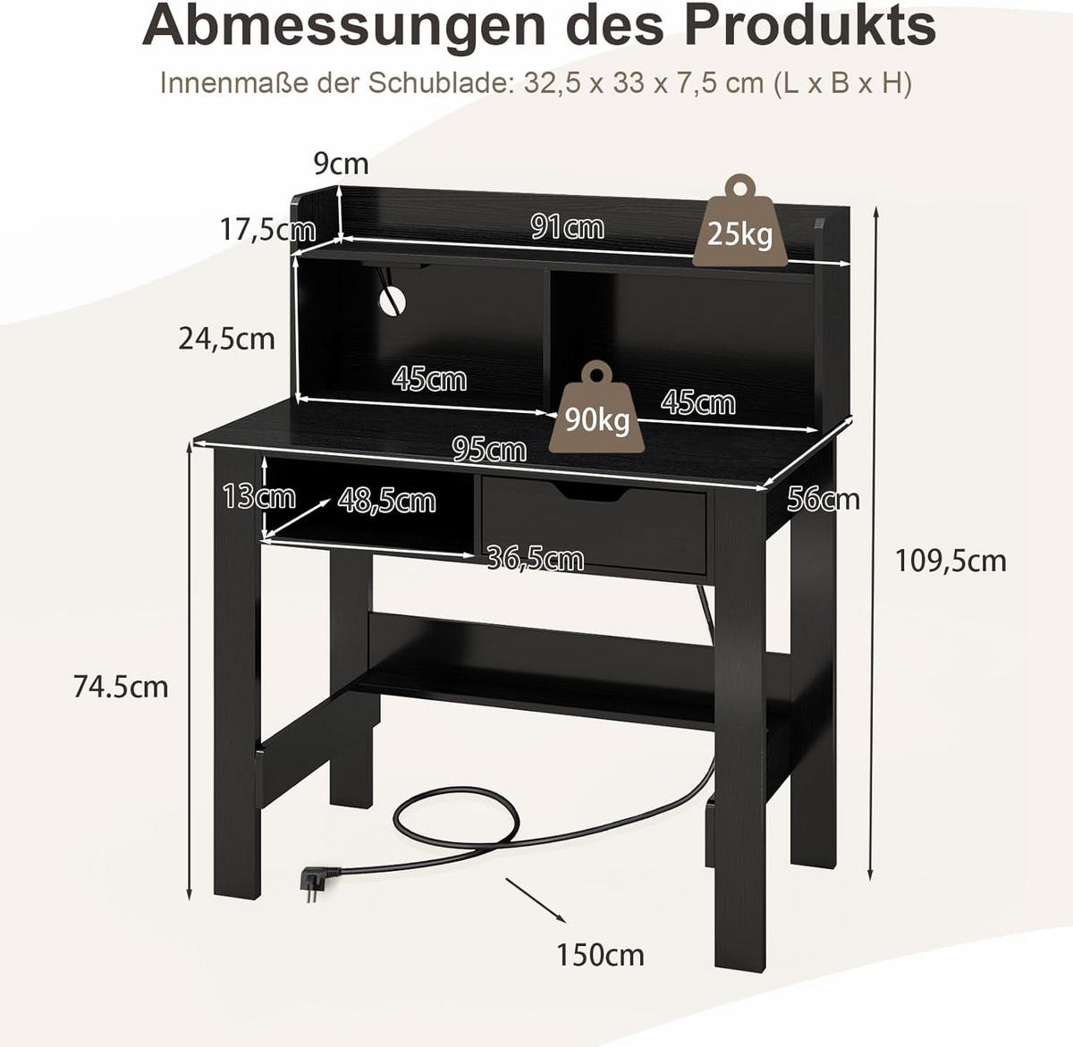 DATORBORD Svart - Svart, Träbaserade material (56/95/109.5cm) - COSTWAY