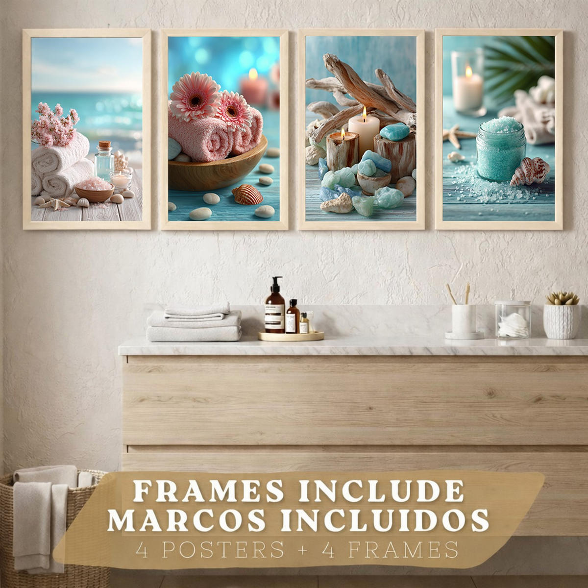 POSTER 4er-Set Badezimmer-Wandposter, Strand-Spa-Poster für Waschbecken, WC mit Muscheln, Kerzen, Handtüchern und Meersalz Leichter Holzrahmen A4 - Beige, Papier (29.7/21/3cm) - Nacnic