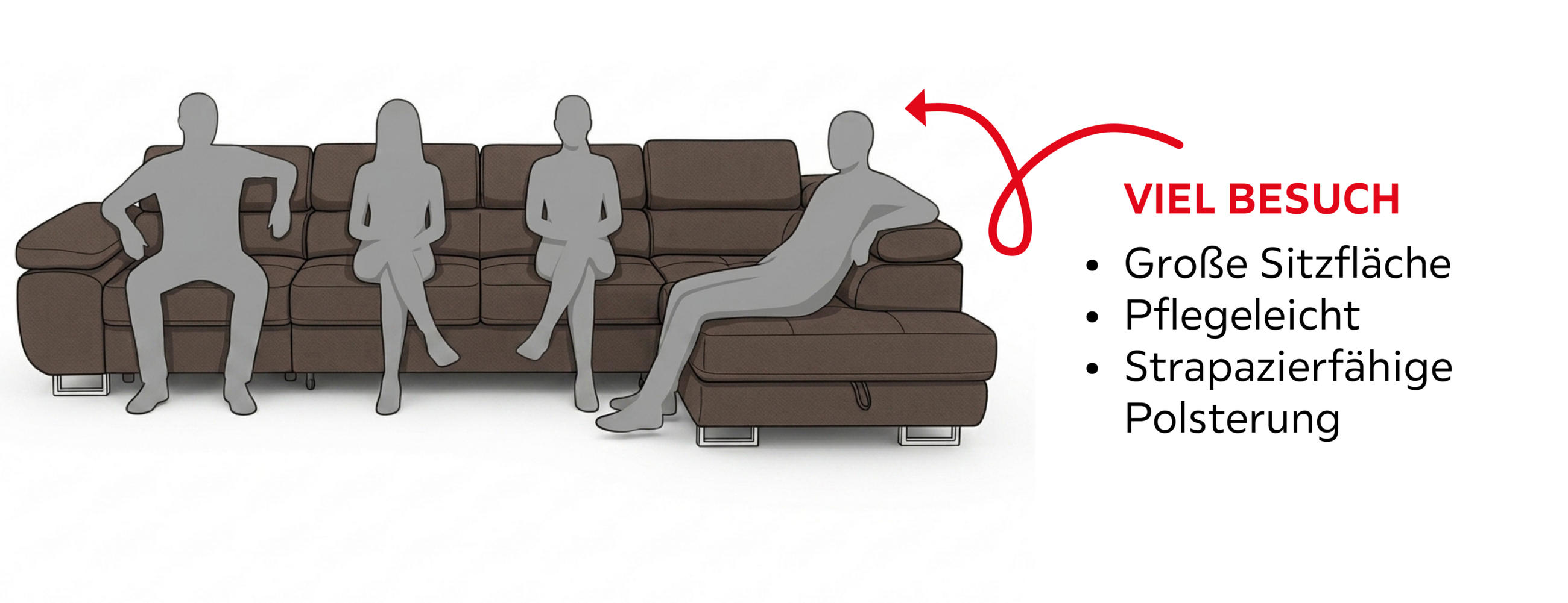 Infografik zur Sofa-Auswahl für verschiedene Wohnsituationen: Große Sitzfläche, pflegeleichter Stoff und Strapazierfähige Polsterung bei regelmäßigem Besuch.