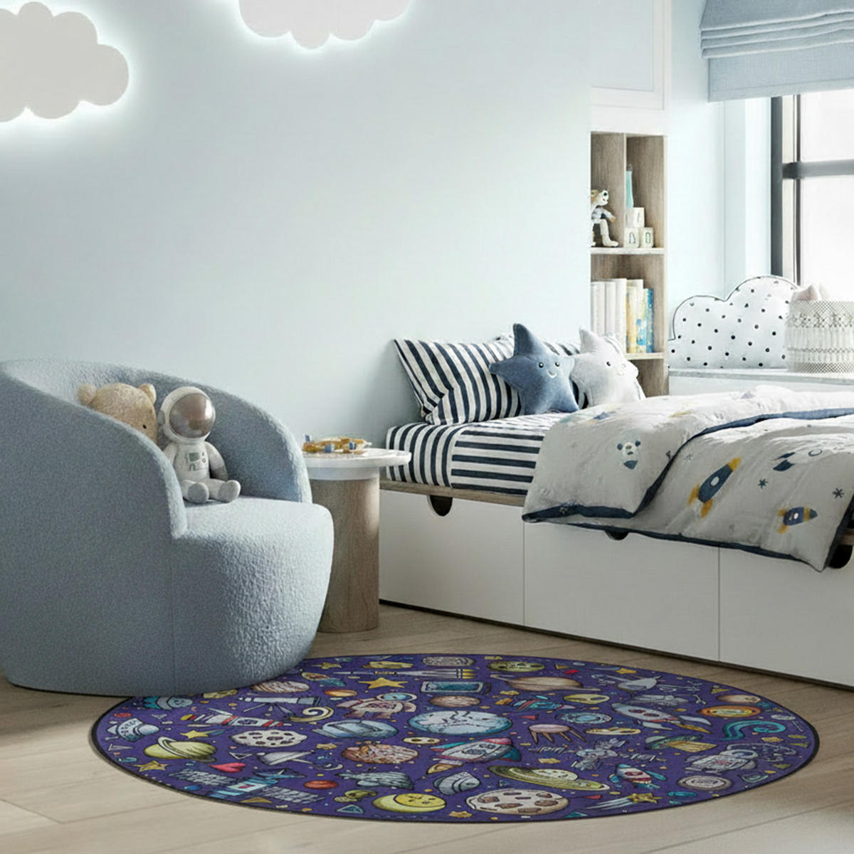 KINDERTEPPICH Bambini Cosmo Mazovia Rund Ø100cm Marineblau Weltraum Kurzflor - Dunkelblau, Textil (100/100cm) - Mazovia