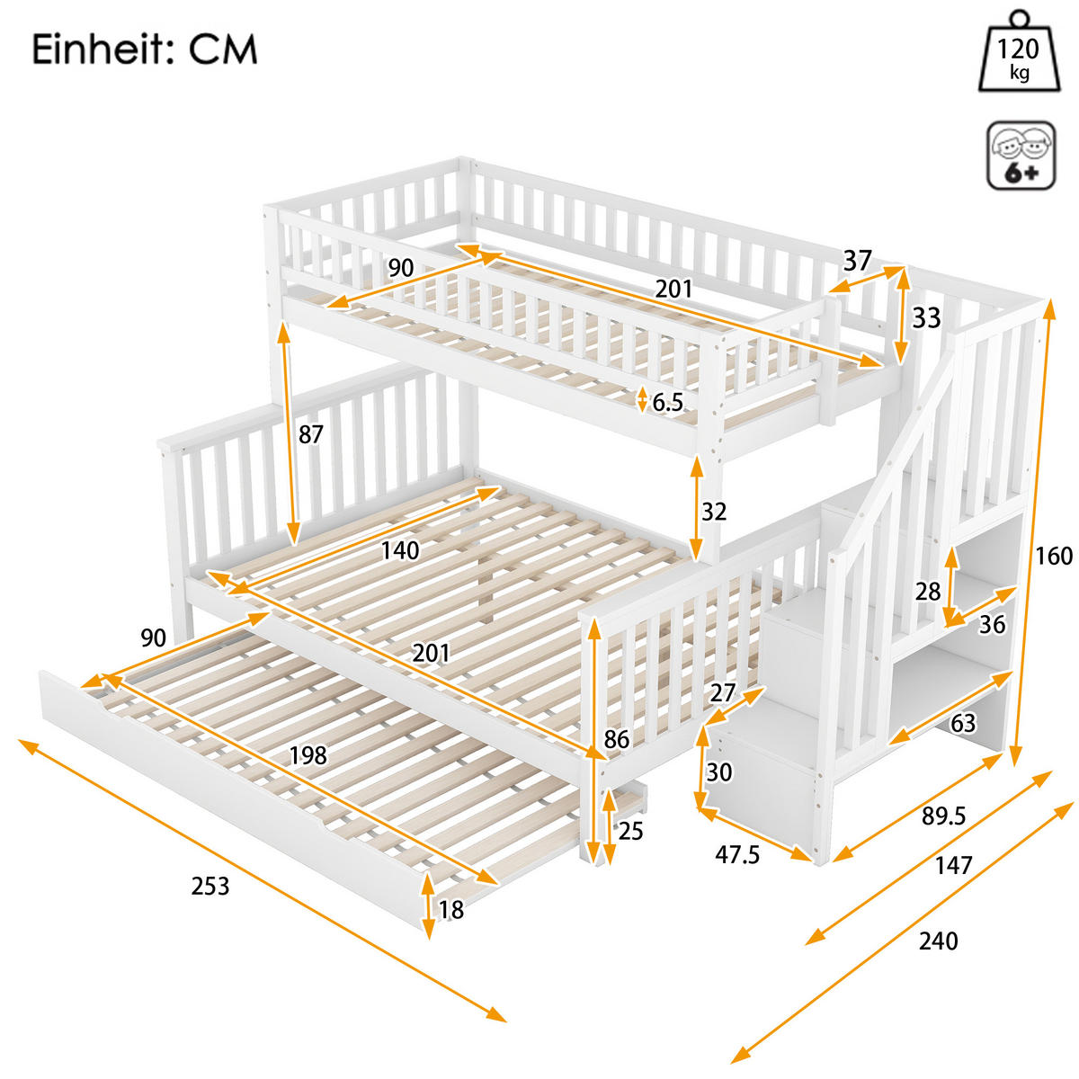 ETAGENBETT 90/200/140/200 cm Weiß mit Rollbett und Treppe - Weiß, Holz (90/200cm) - OKWISH