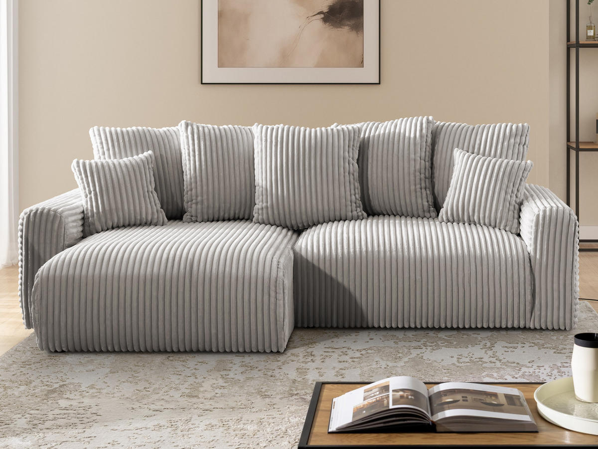 ECKSOFA Calma mit Schlaffunktion und Bettkasten im Bumpy-Design aus weichem Taupe Plüschcord - Ottomane links - Taupe/Schwarz, Holz/Kunststoff (239/140cm) - S-Style