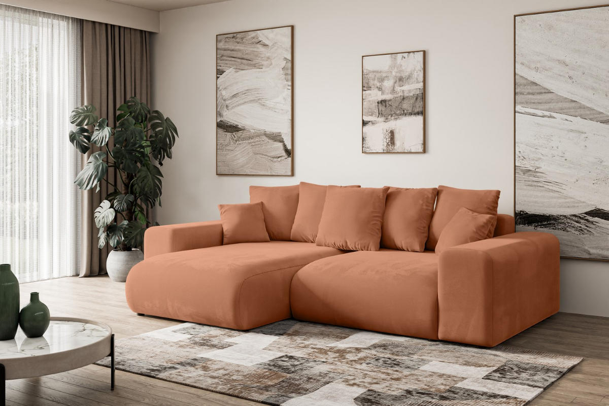 ECKSOFA mit Schlaffunktion und Bettkasten ESKAR-L 256x165x84cm Koralle Velours - Koralle/Schwarz, Holzwerkstoff/Kunststoff (165/256cm) - ALTDECOR