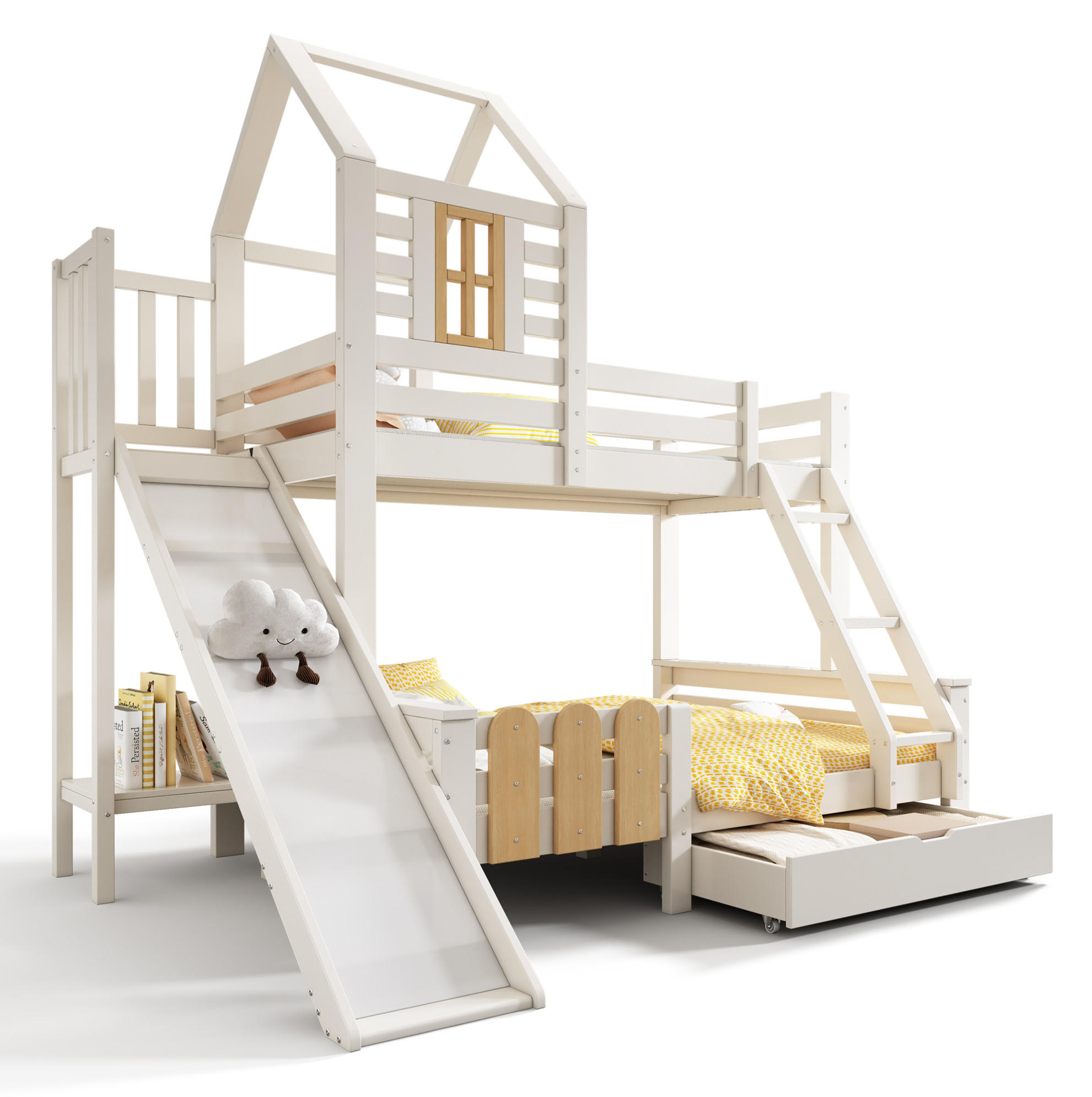 ETAGENBETT 90/140/200 cm mit Rutsche, Leiter und Schublade, Blockhaus-Optik und Metall, Weiß/Natur - Weiß, Metall (90/200cm) - Redom