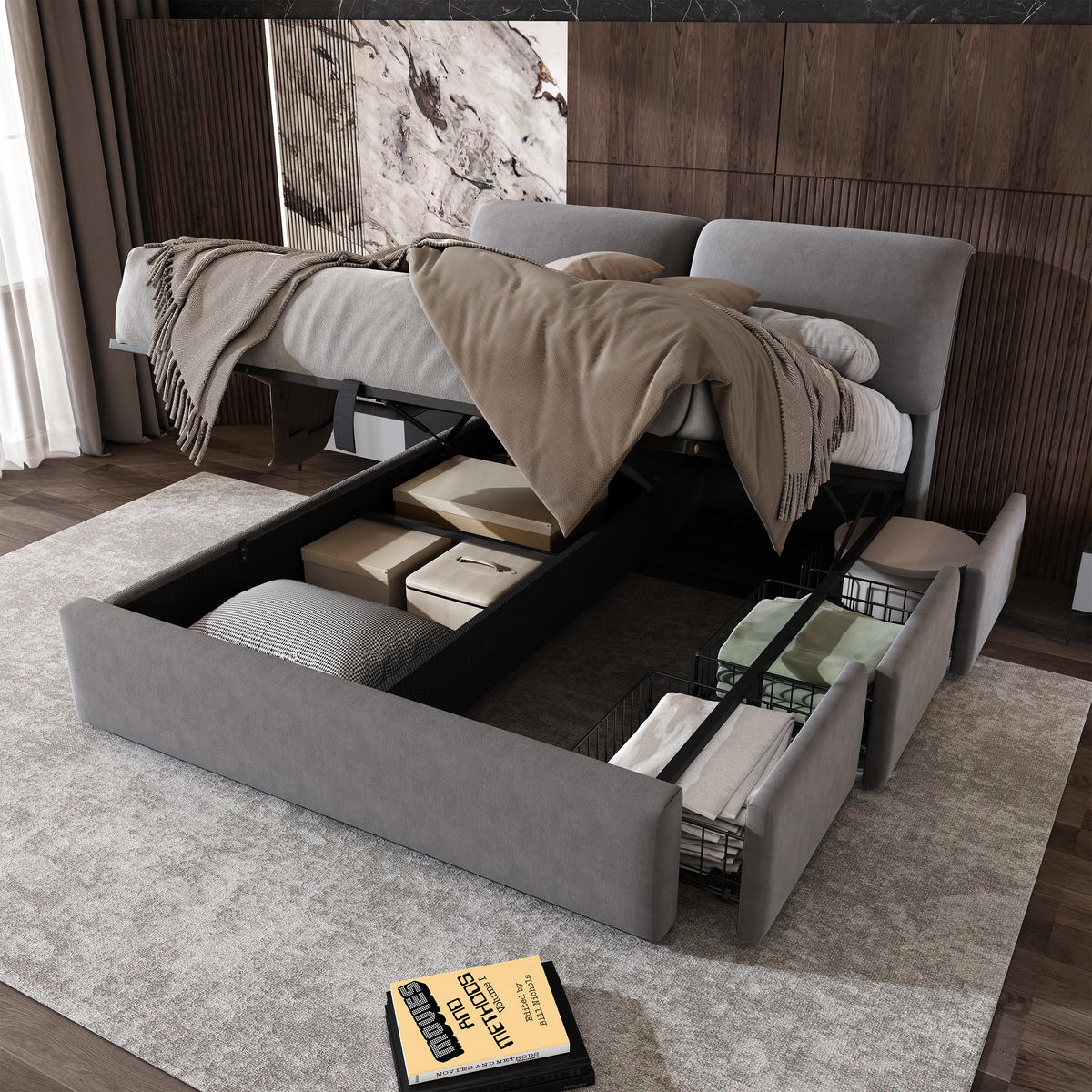 POLSTERBETT 140x200cm Grau Mit Hydraulik & 3 Schubladen - Grau, Textil (140/200cm) - FLIEKS