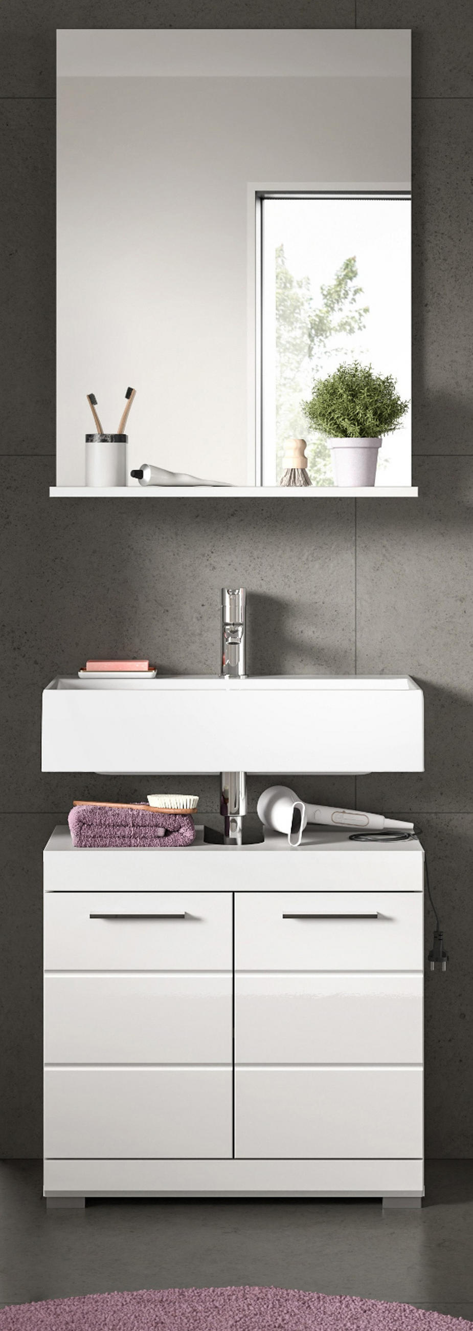 BADMÖBEL-SET weiß Hochglanz 2-teilig 60 cm, Kombination mit Spiegel - Weiß Hochglanz, Glas/Holzwerkstoff (60/191/34cm) - Inn.Furn