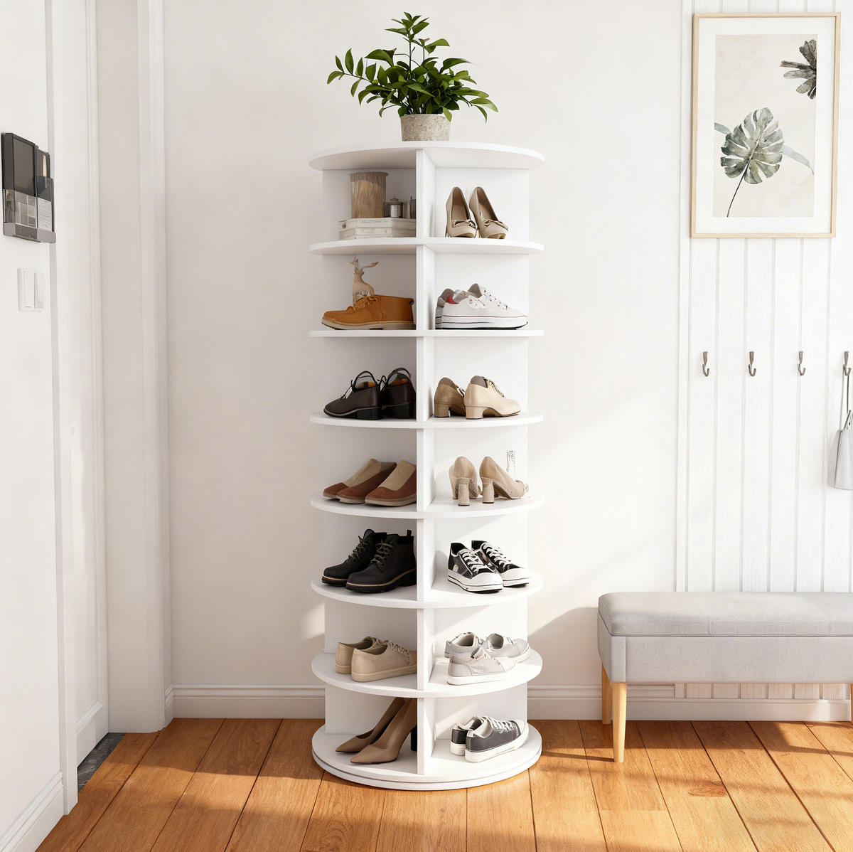 SCHUHREGAL 60/60/161 cm in Weiß, drehbar mit 7 Ebenen - Weiß, Kunststoff (60/161/60cm) - Flora Grace