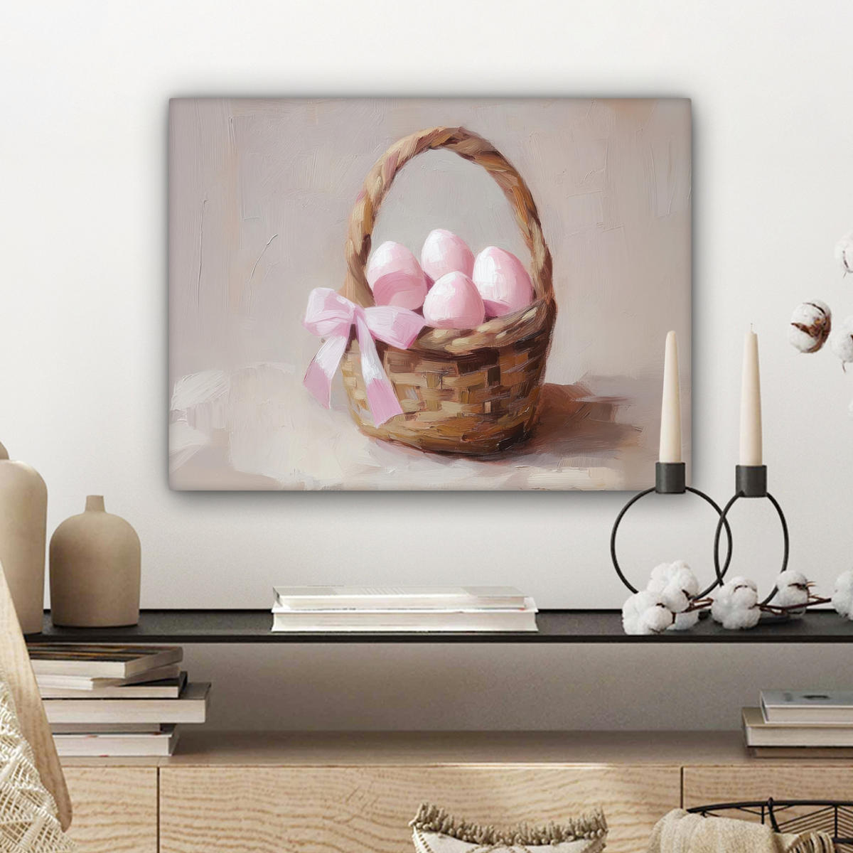LEINWANDBILD Korb - Eier - Rosa Wandbild 40x30 cm - Beige, Textil (40/30cm) - MuchoWow