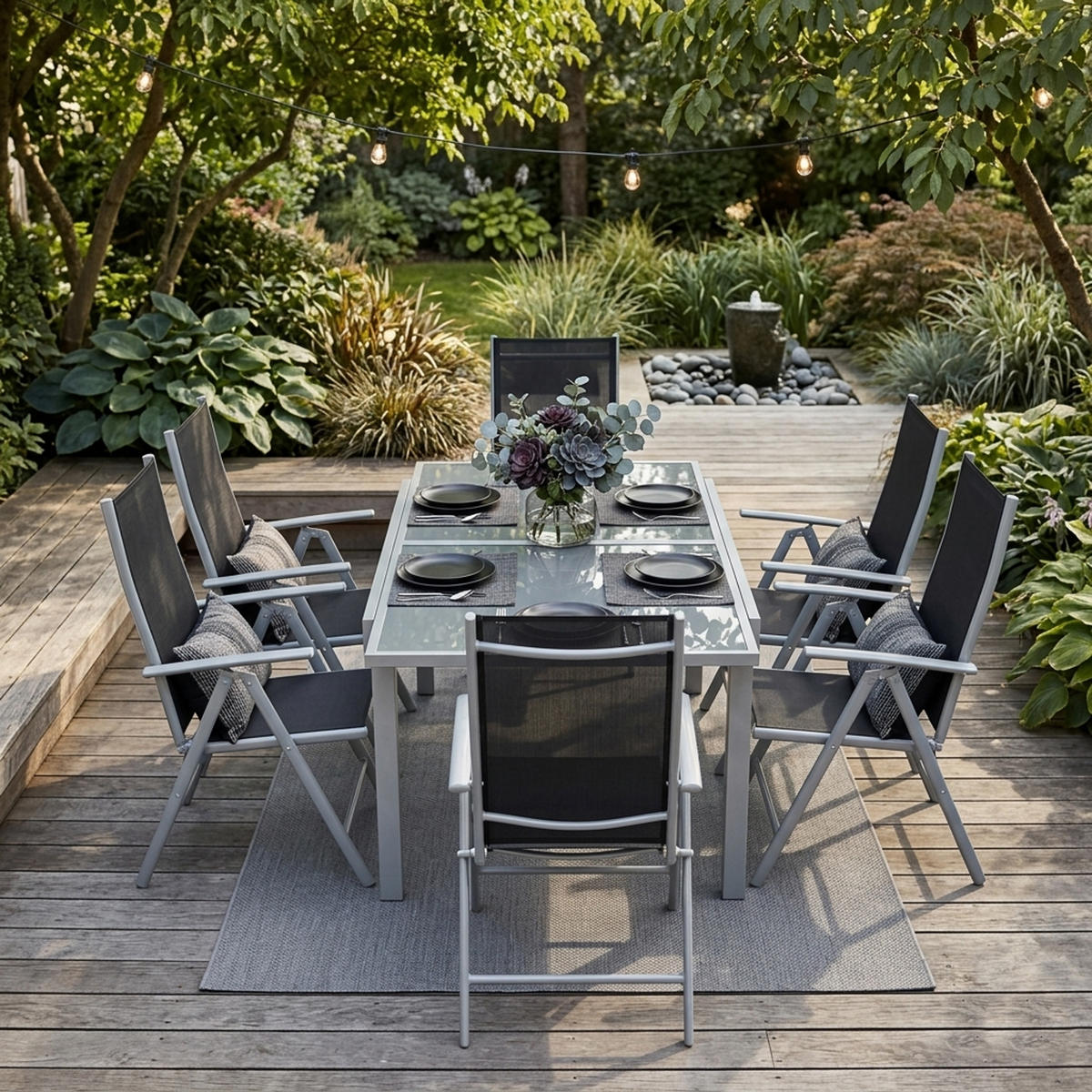 GARTEN-GARNITUR Ashford - 9-teilige Garten-Essgruppe (8x Klappsessel mit Aluminiumgestell grau, Bespannung Textilene schwarz - Schwarz, Metall - TPFGarden