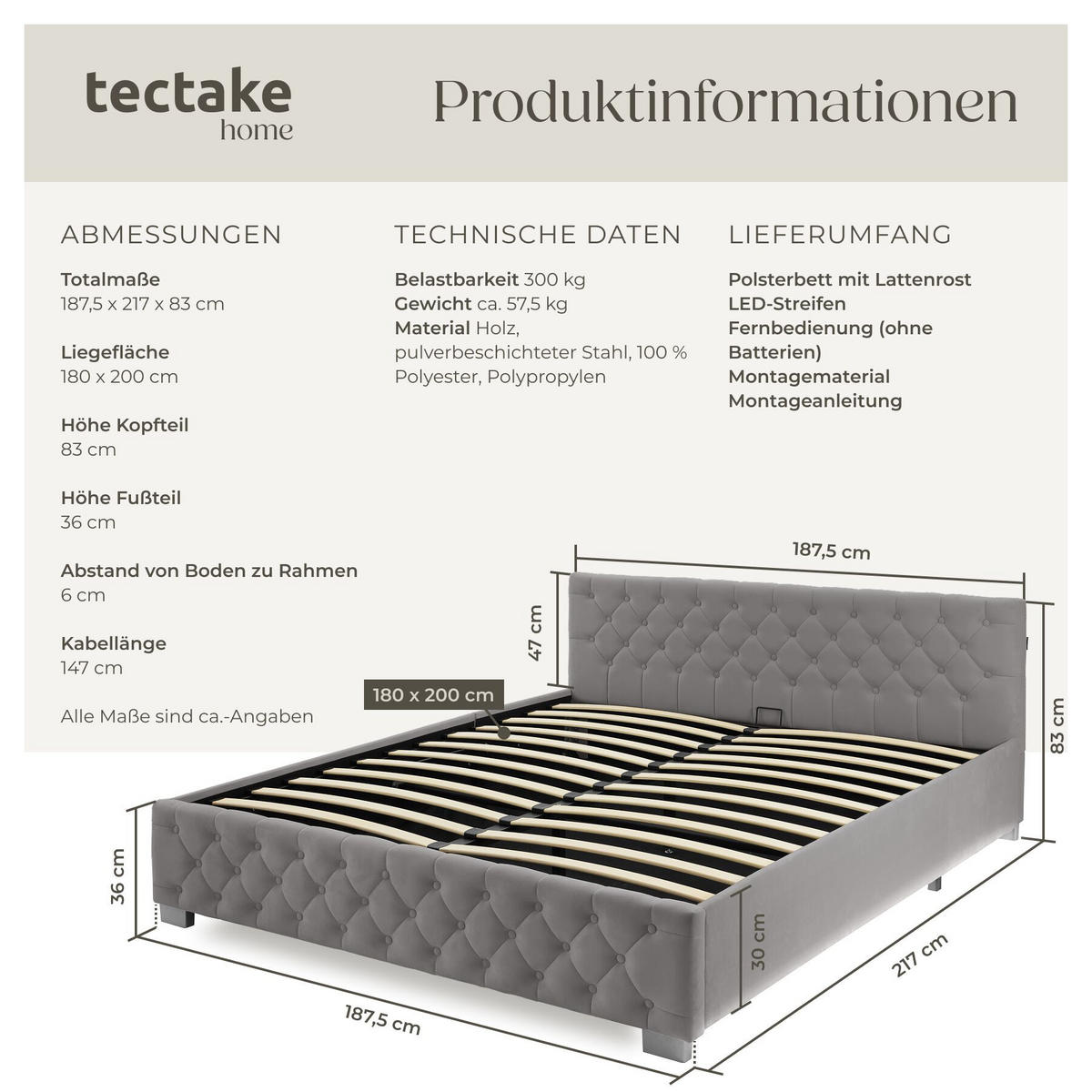POLSTERBETT Daytona,großer Stauraum,dunkelgrau - Dunkelgrau, Holz (180/200cm) - tectake