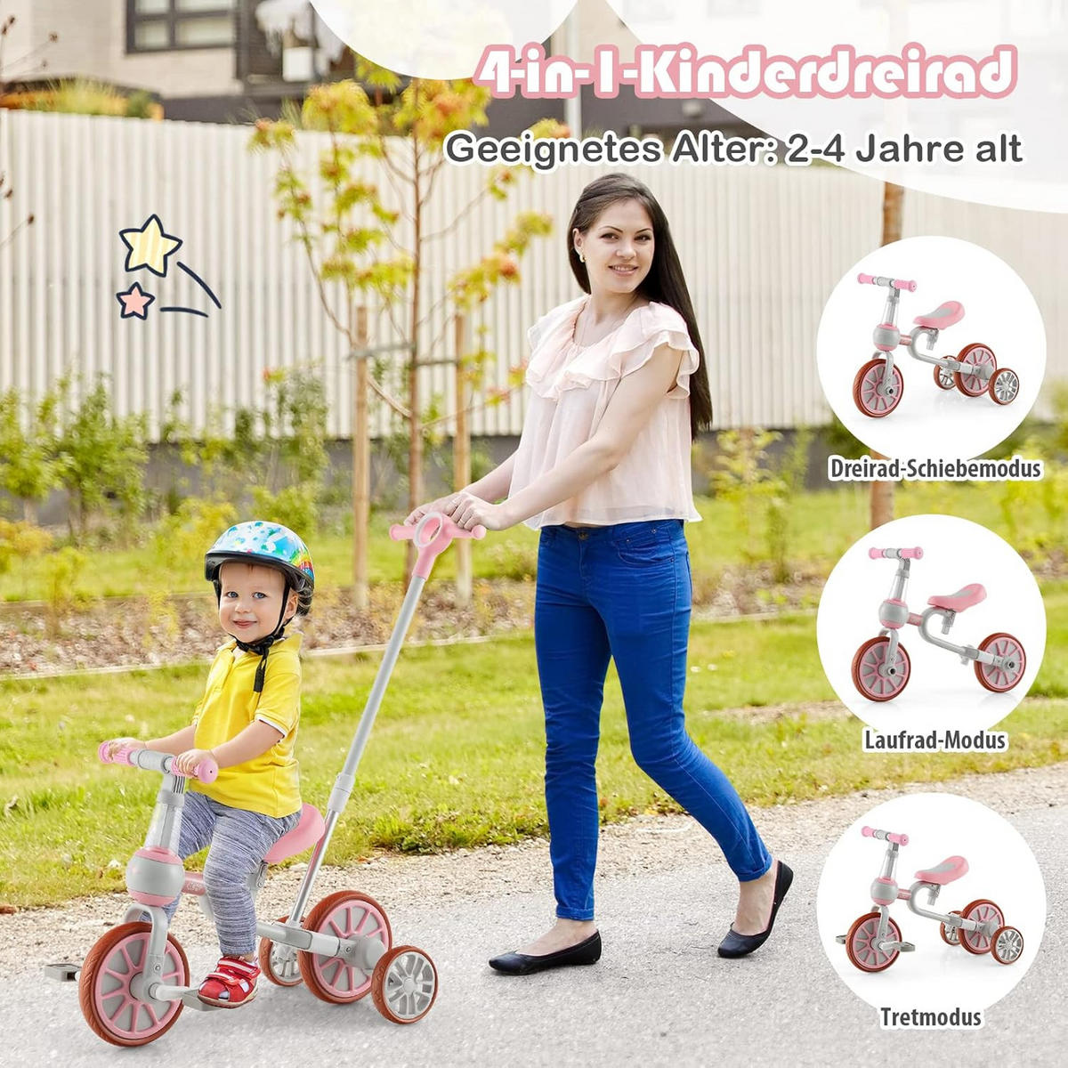 DREIRAD 4 in 1 Kinder dreirad+ Laufrad Pink - Pink, Kunststoff (37/72/101cm) - COSTWAY