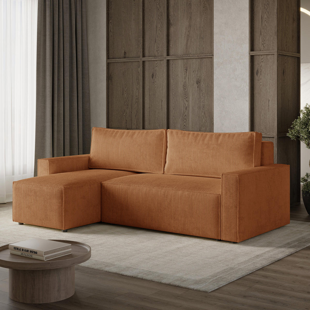 ECKSOFA LIVIO S mit Schlaffunktion, universell montierbar - POSO 40 - Orange, Holz (230/142cm) - Dekori_Interiors