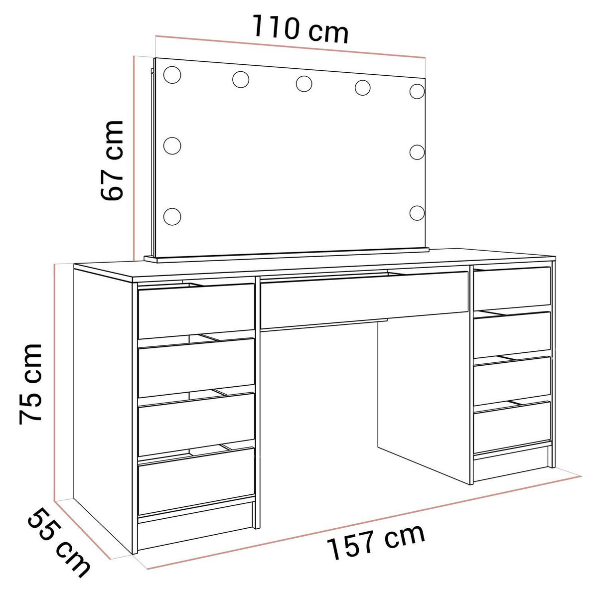 SCHMINKTISCH MADA DOUBLE ELITE mit Spiegel und Beleuchtung, Weiß hochglanz - Weiß, Holzwerkstoff (157/75/55cm) - Lookway