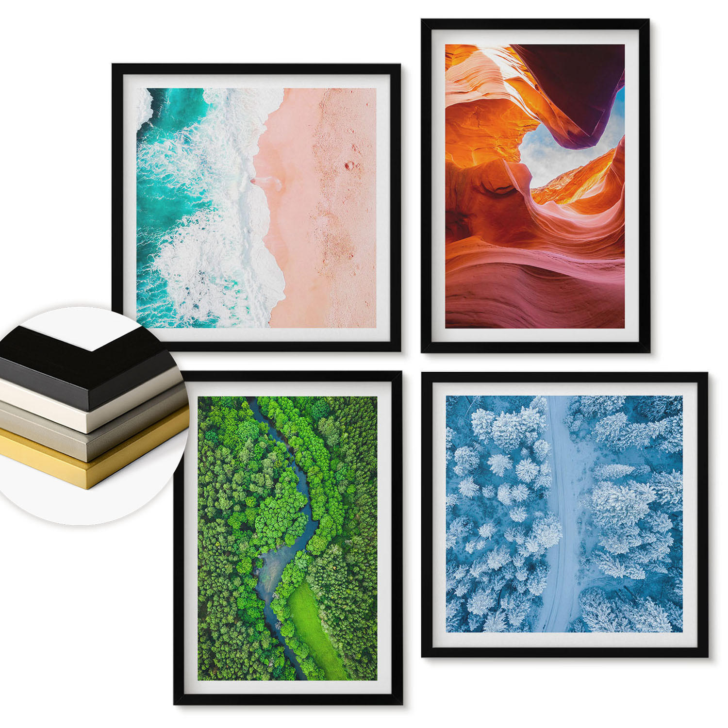 WANDBILDER 4er-Set - 50x50 cm & 40x60 cm Schwarzer Rahmen - Grün der Wasserschlucht im Winter - Schwarz, Kunststoff (50/50cm) - ArtPrintCave