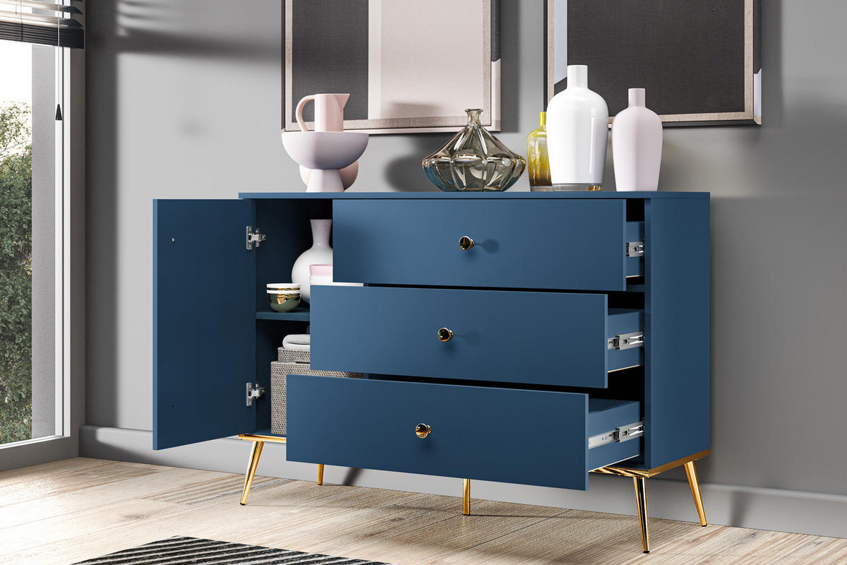 KOMMODE ARICIA Schubladen mit Vollauszug, Marineblau - Blau, Holz (120/85/40cm) - KONSIMO®
