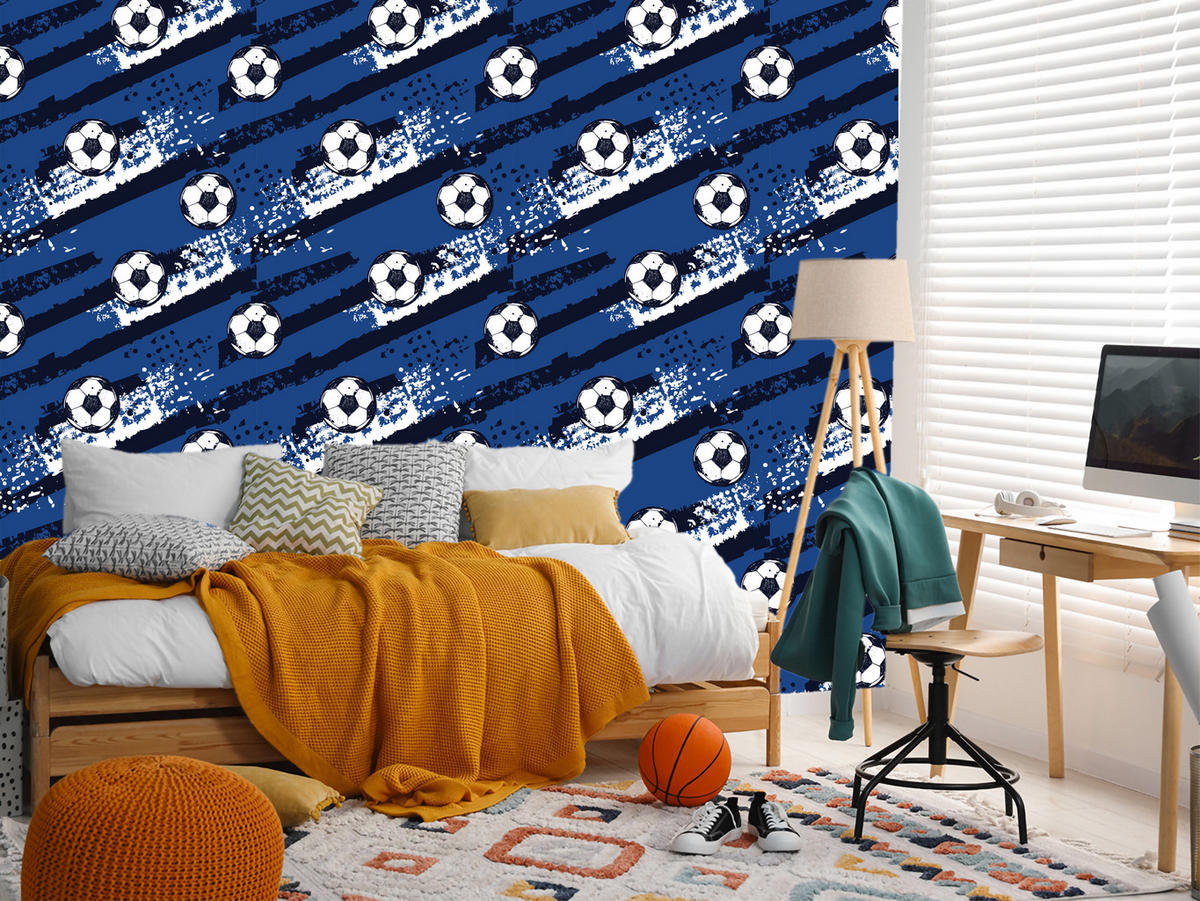 VLIESTAPETE Fußbälle und Farbspuren – Blau, Schwarz, Weiß – 50x1000 cm - Blau/Schwarz, Papier (50/1000cm) - Muralo