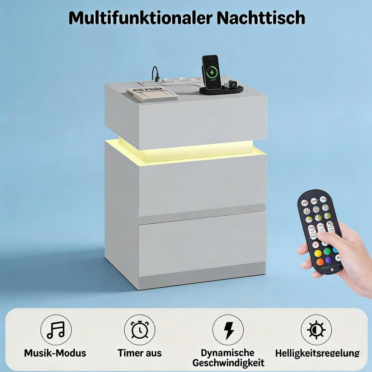 NACHTTISCH-SET 40/35/55 cm in Weiß mit LED-Beleuchtung und USB-Anschlüssen - Weiß, Holzwerkstoff (35/55/40cm) - Flora Grace