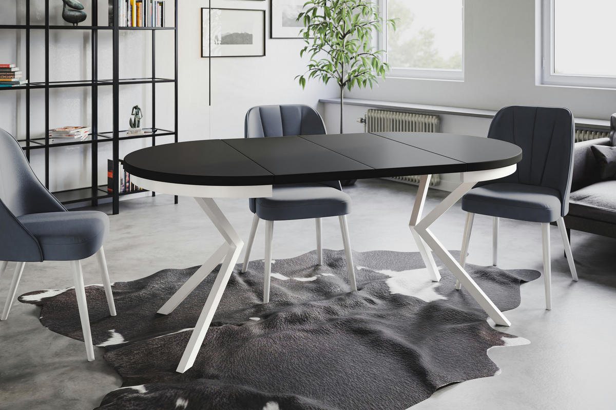 ESSZIMMERTISCH BERGO, ausziehbarer Tisch 120 cm/200 cm, Farbe: Schwarz, mit Metallbeinen in Farbe Weiß - Schwarz/Weiß, Holzwerkstoff (120/120/76cm) - Alpi-Möbel