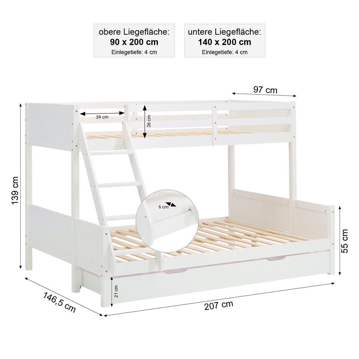 ETAGENBETT 90/200 cm und 140/200 cm weiß Bettkasten - Weiß, Holz - Homestyle4u