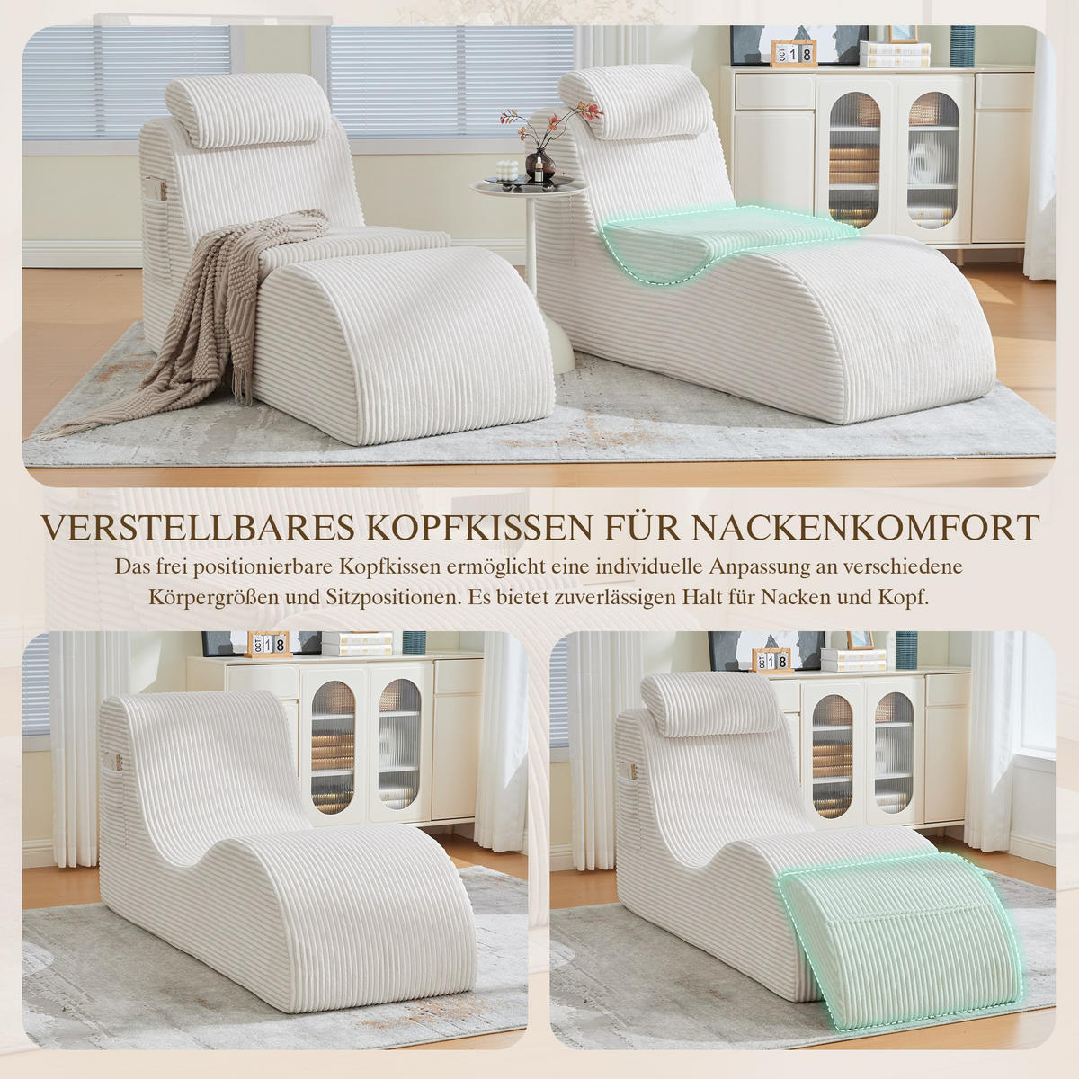 RELAXSESSEL Liege mit Kopfstütze,ergonomischem Design,Beige - Beige, Textil (66/90/160cm) - LVHOM