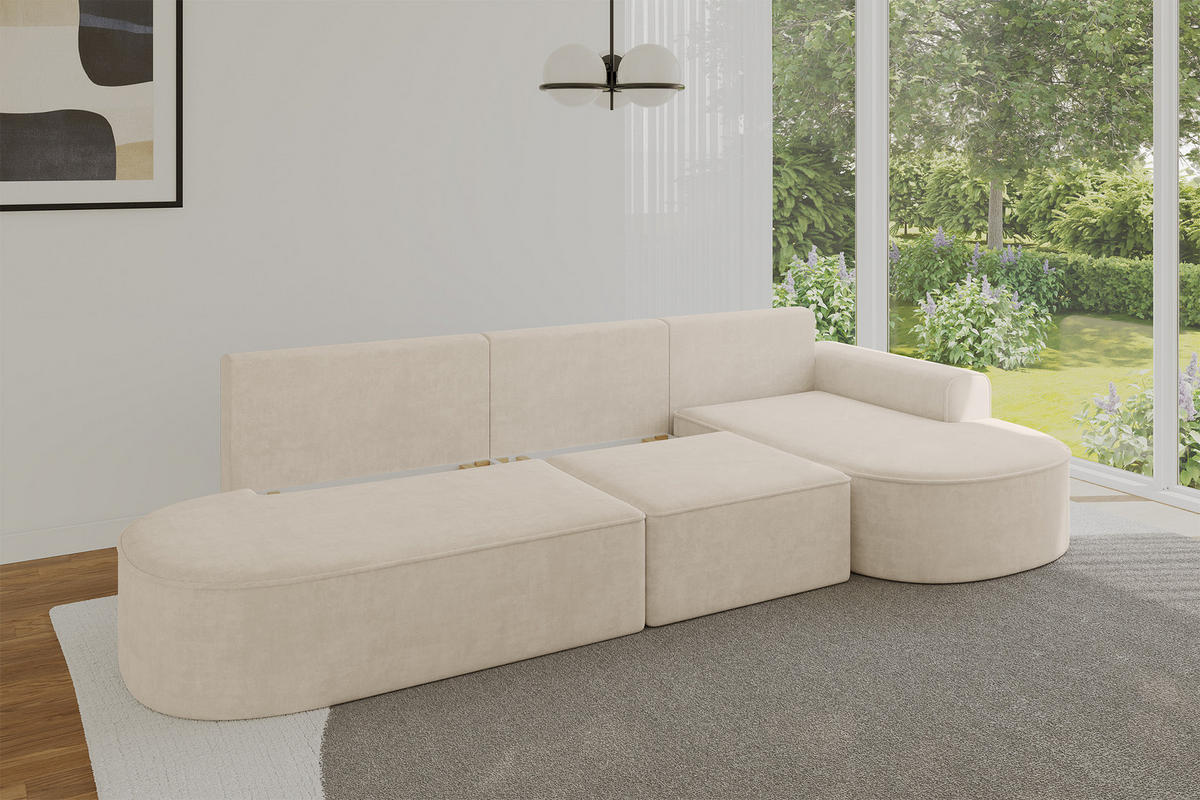 ECKSOFA mit Schlaffunktion Ottomane RECHTS MARI L2-S 368X167X85 Beige Velours - Sandfarben/Schwarz, Holzwerkstoff/Kunststoff (167/368cm) - ALTDECOR