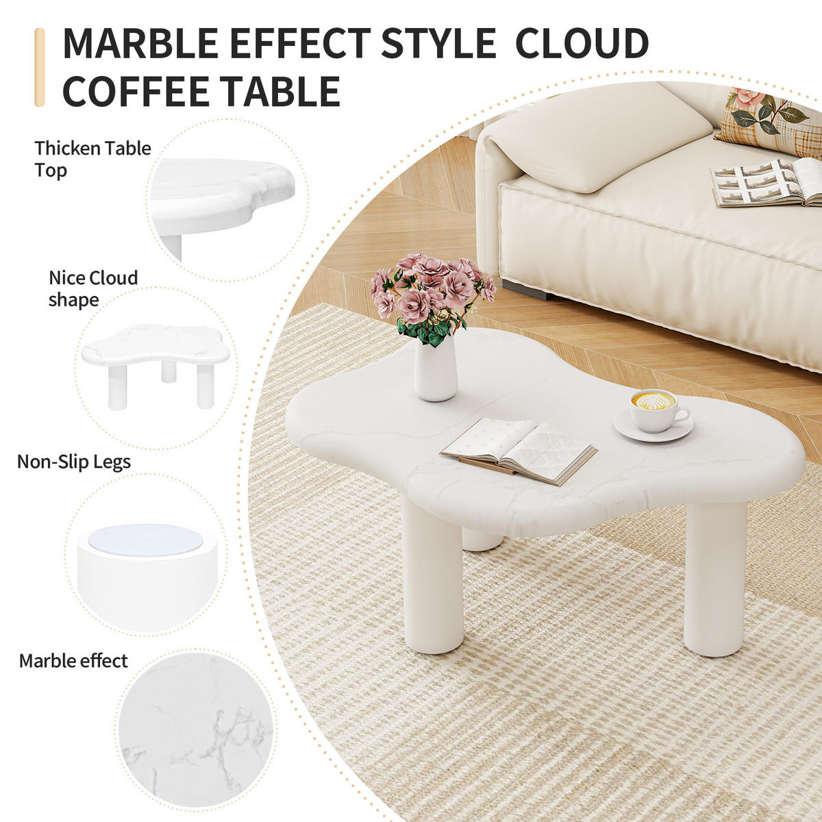 COUCHTISCH DE-007 Wolkenform Marmorfarben - Weiß, Holzwerkstoff (63/90/40cm) - ComfortXL