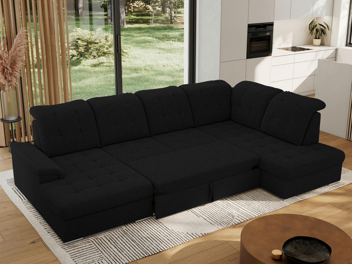 WOHNLANDSCHAFT MADRITO U - Schwarz Boucle - Rechts - Silberfarben/Schwarz, Textil/Metall (323/89/204cm) - MKS