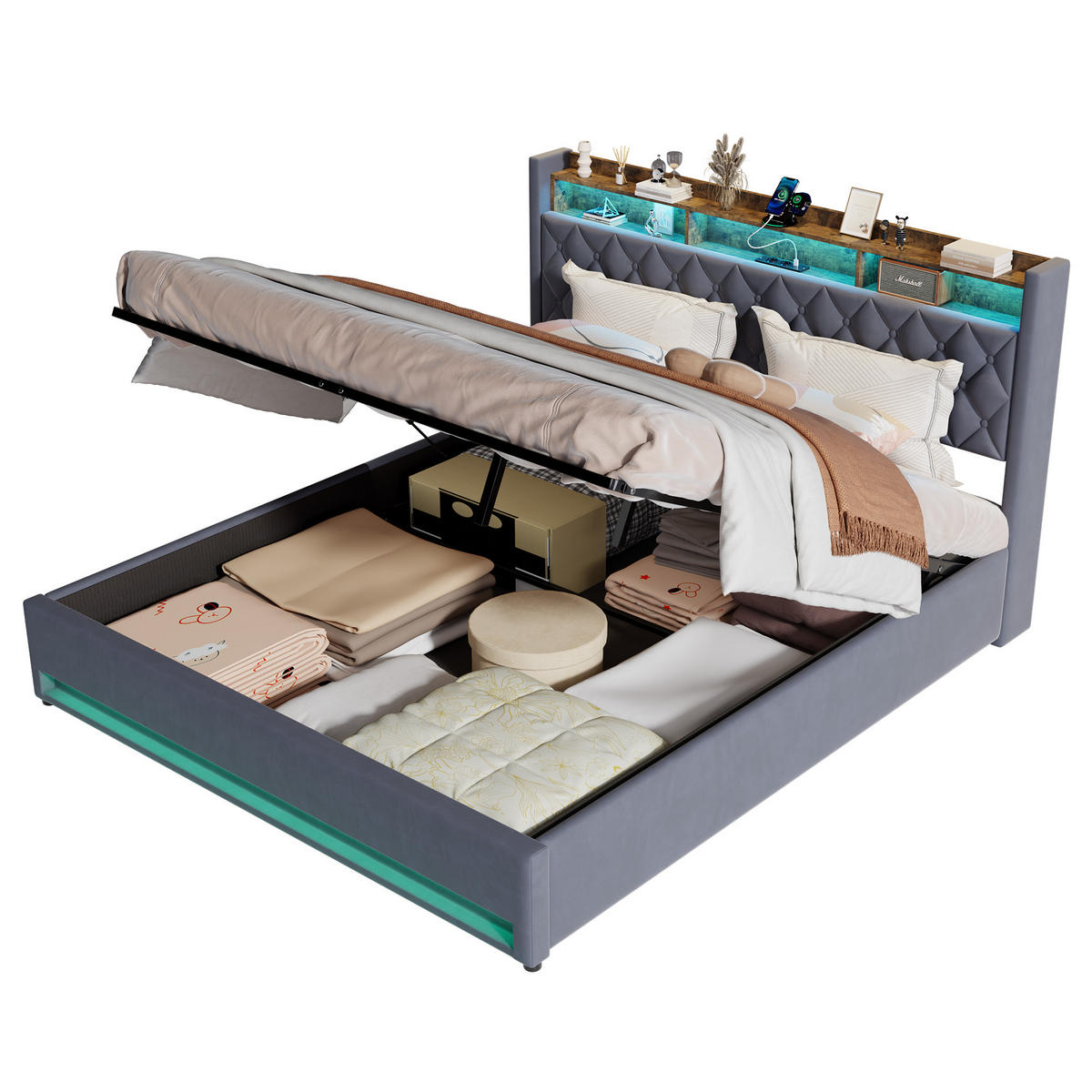 POLSTERBETT 180/200 cm Beige mit LED-Lichtleiste und USB-Anschlüssen - Beige, Holzwerkstoff (180/200cm) - OKWISH