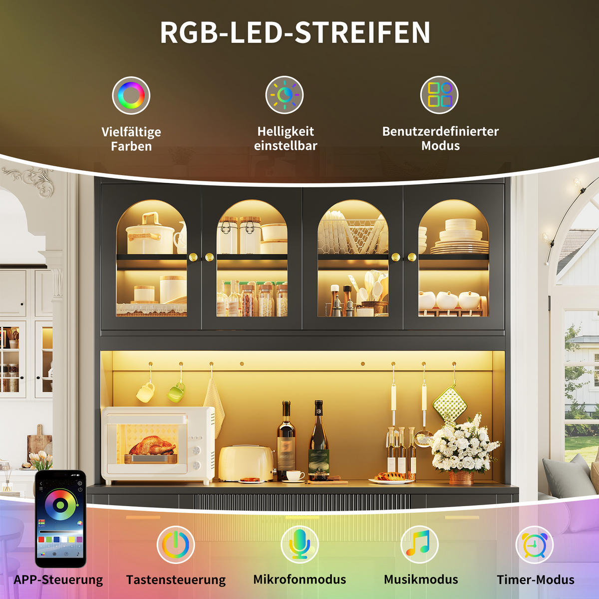HIGHBOARD Schwarz 120×40×187 cm mit RGB-LED und Glasvitrinen aus Holzwerkstoff - Schwarz, Holzwerkstoff (120/187/40cm) - Luhomfu