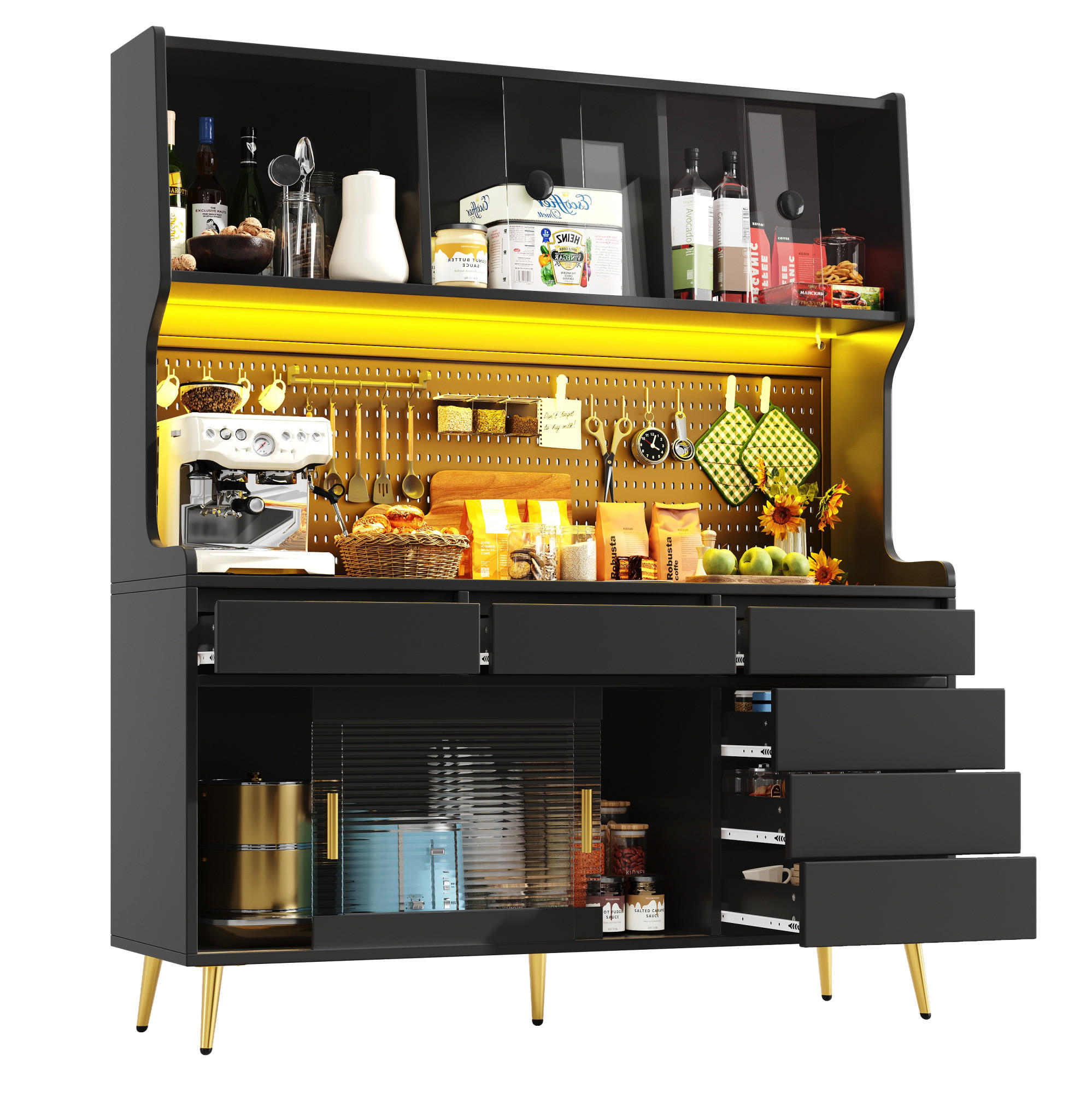 BUFFET 145/39/171 cm in Schwarz mit LED-Beleuchtung und Schiebetüren - Schwarz, Holzwerkstoff (145/171/39cm) - Flora Grace