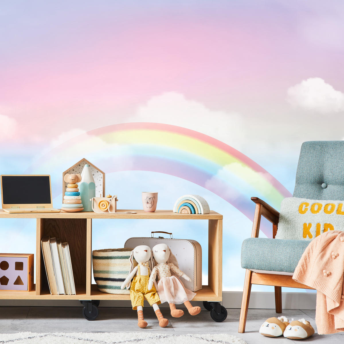 FOTOTAPETE für Schlafzimmer Regenbogen Rosa Himmel Wolken 500x350 - Blau/Gelb, Papier (500/350cm) - Muralo