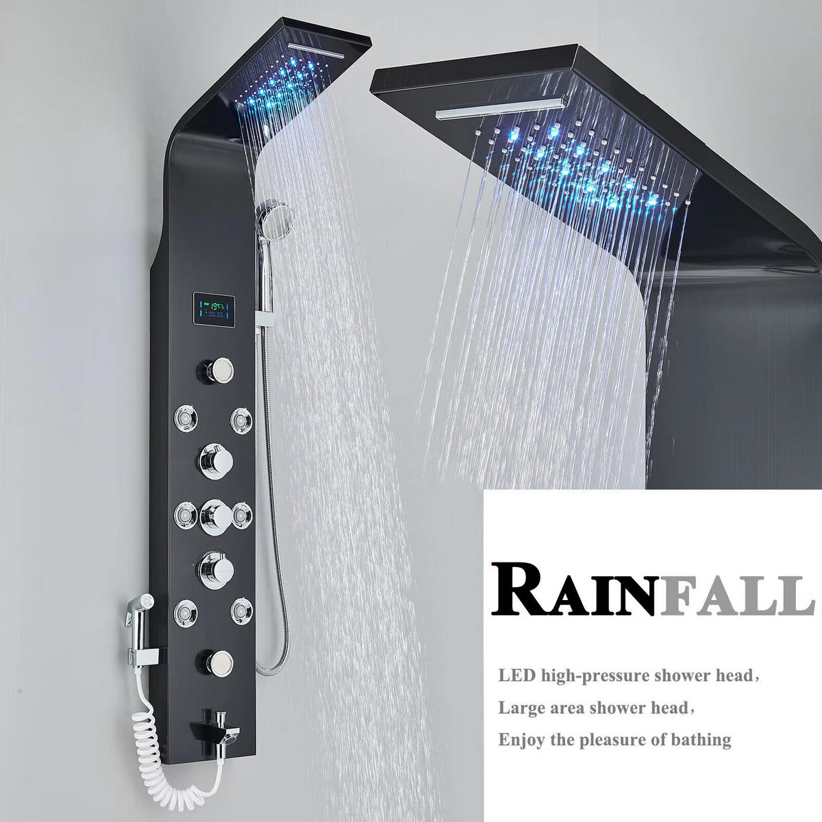 ÜBERKOPFBRAUSESET LED, Schwarz, Wasserfall SPA - Schwarz, Metall (20/114/39cm) - Kaket