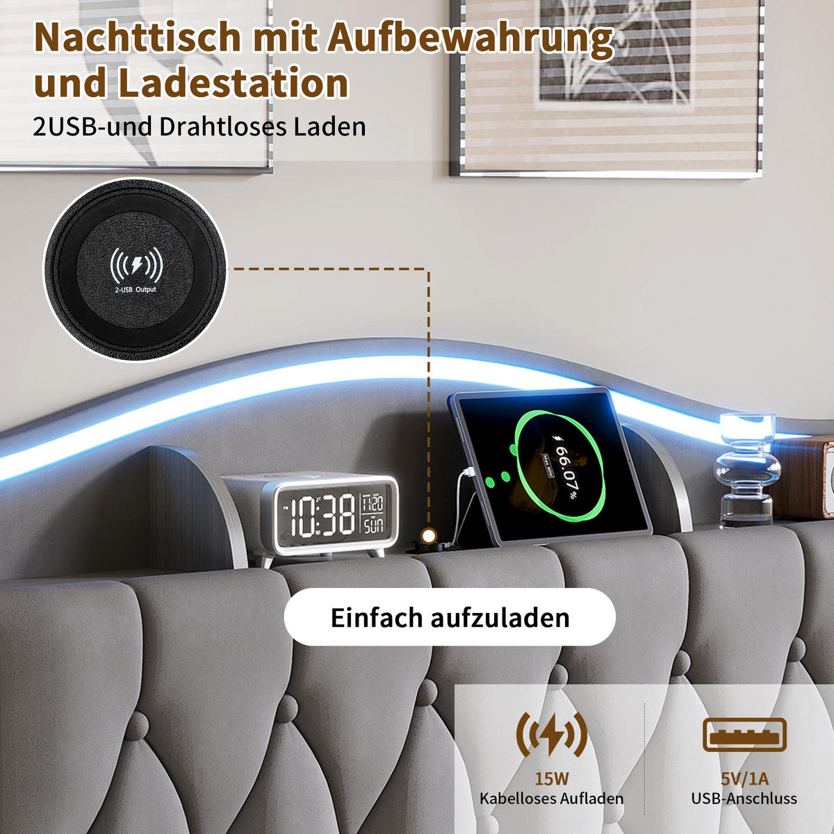 POLSTERBETT 140x190 cm mit Bettkasten, LED & USB, Doppelbett mit Kopfteil Stauraum und kabellosem Laden, Grau - Grau, Metall (140/190cm) - EuroLiving