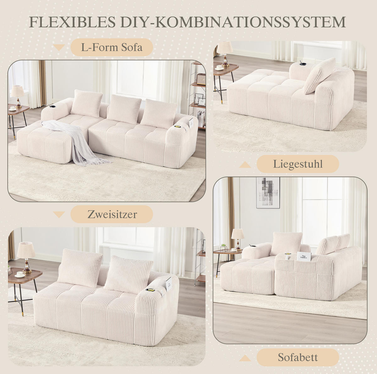 ECKSOFA 253/158/61 cm beige aus Cord mit Becherhaltern - Beige, Textil (158/253cm) - OKWISH
