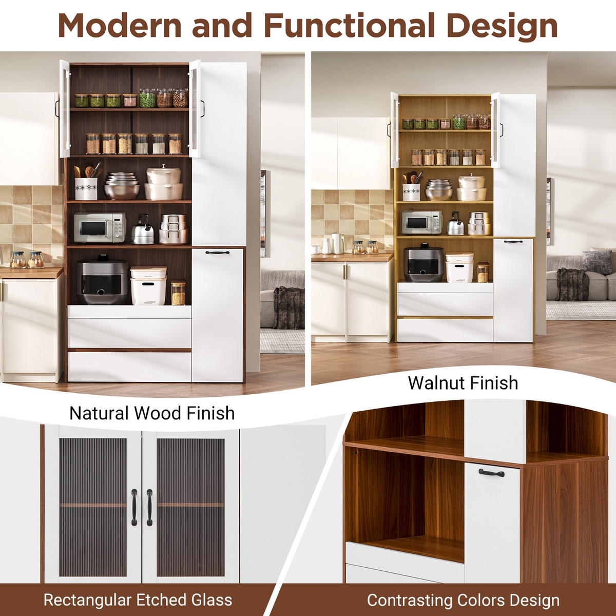 KÜCHENSCHRANK Weiß Nussbaum 100/200/40 cm, MDF, Buffetschrank mit Riffelglas, SCHRANK MIT VERSTELLBAREN REGALBÖDEN, für Küche - Weiß, Holzwerkstoff (40/200/100cm) - Rolipo