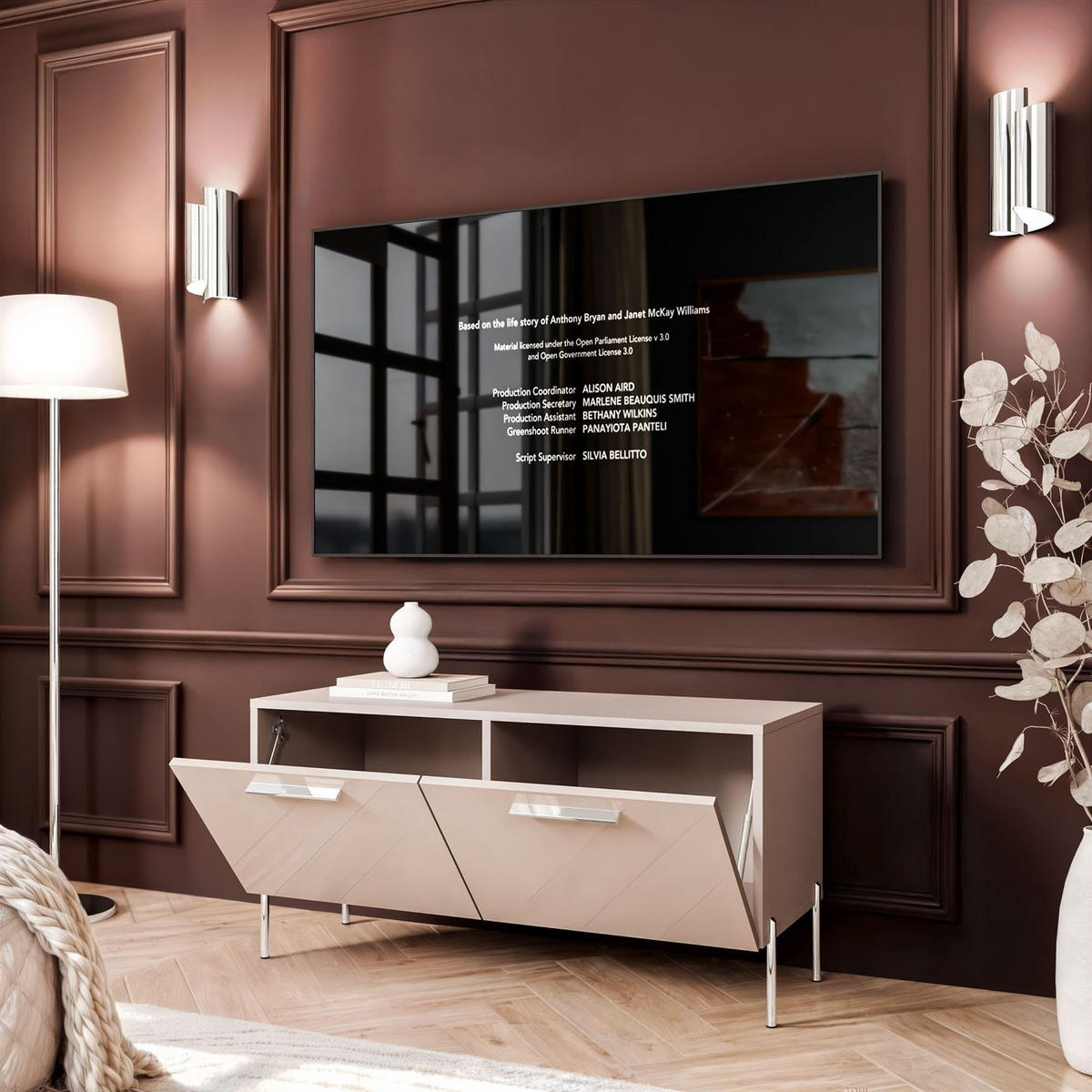 TV-ELEMENT AURA 100 KASCHMIR Hochglanz auf geraden silbernen Beinen - Kaschmir/Silberfarben, Holzwerkstoff (100/50/40cm) - Lookway