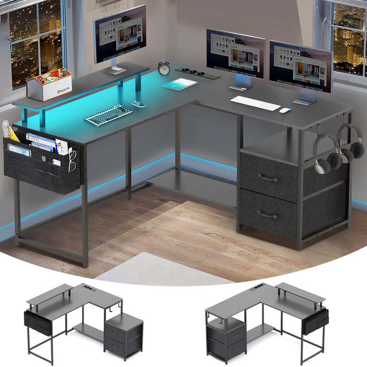 GAMINGTISCH L-förmig,120 x 120 x 75 cm,Eckschreibtisch mit Ablagefach,mit Monitorständer,2 USB mit 3 Buchsen,Schwarz - Schwarz, Metall (120/40/75cm)