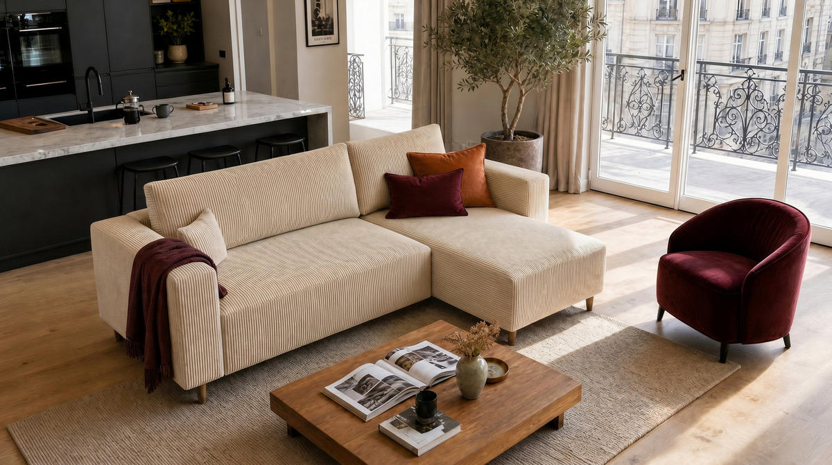 ECKSOFA mit Schlaffunktion und Bettkasten Rio, Ecksofa Cordstoff Creme, Ottomane Universal, 249x142 cm - Creme, Textil (249/142cm) - Marpur