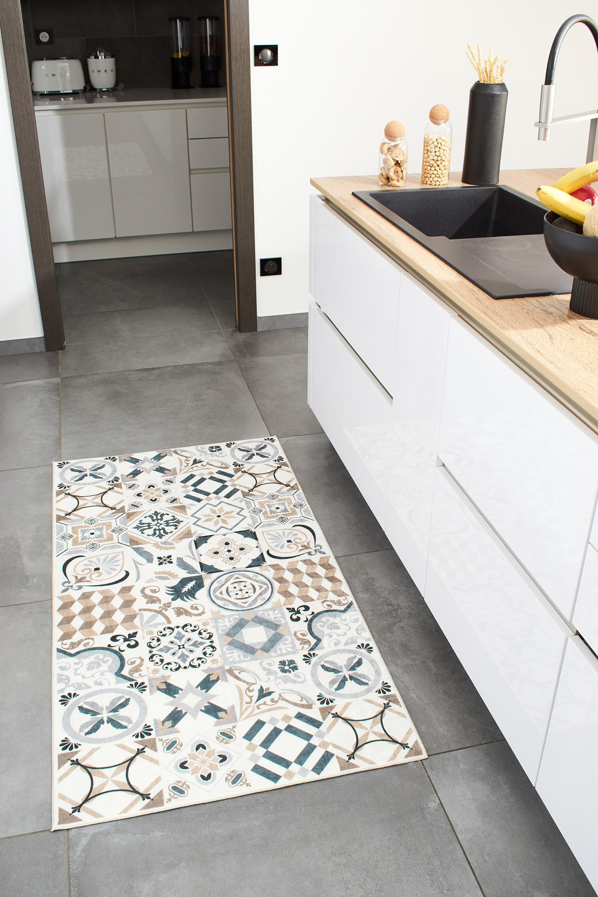 KÜCHENTEPPICH mit braunem Zementfliesenmuster Azulejo 80x150 cm - Braun, Textil (80/150cm) - Nazar Rugs