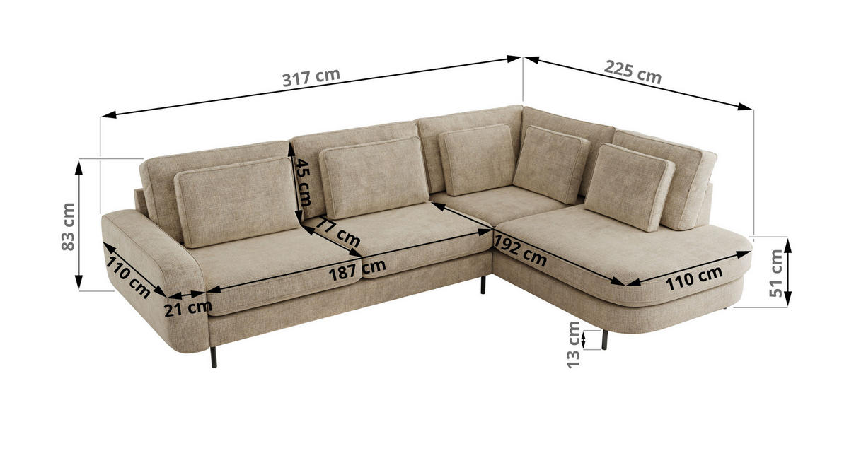ROHOVÁ SEDAČKA CALENO L - Béžová hladký senil - Pravá Strana - černá/béžová, kov/textil (317/225cm) - MKS