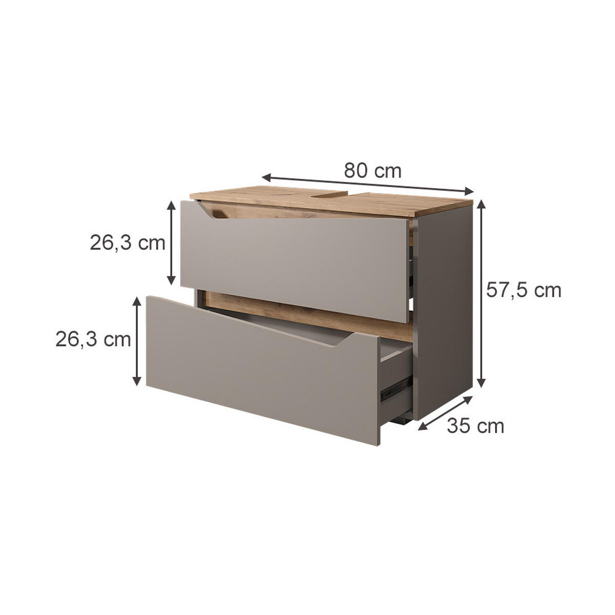 WASCHBECKENUNTERSCHRANK Marelle Greige/Artisan-Eiche 80 x 57.5 cm mit 2 Schubladen - Greige/Eiche Artisan, Holzwerkstoff (80/57.5/35cm) - Vicco