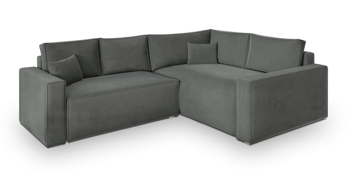 ECKSOFA ERONIS R-S Grau Velours-Stoff mit Schlaffunktion - Grau, Holz (265/194cm) - MASSENO