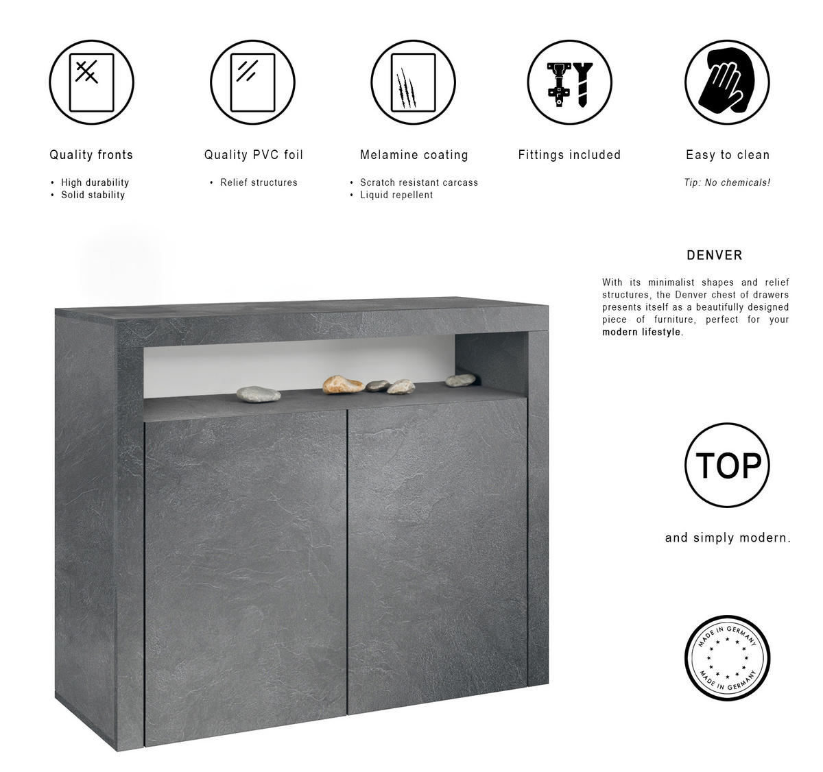 KOMMODE Denver Schiefer - Schieferfarben, Holzwerkstoff (107/88/35cm) - Vladon