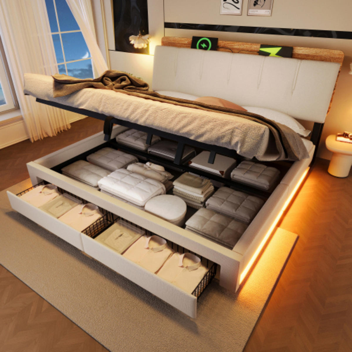 POLSTERBETT beige 218×182×107 cm aus Leinen-Stoff mit Stauraumkopfteil & Hydraulikbettkasten - Beige, Textil (180/200cm) - Luhomfu