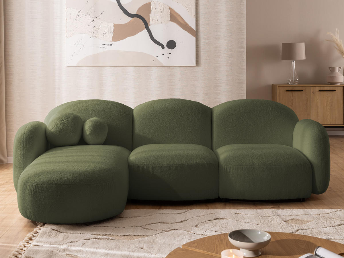 ECKSOFA Nuvola mit abgerundetem Design Grün Bouclé-Stoff - Ottomane Links - Schwarz/Grün, Holz/Kunststoff (268/146cm) - S-Style Möbel