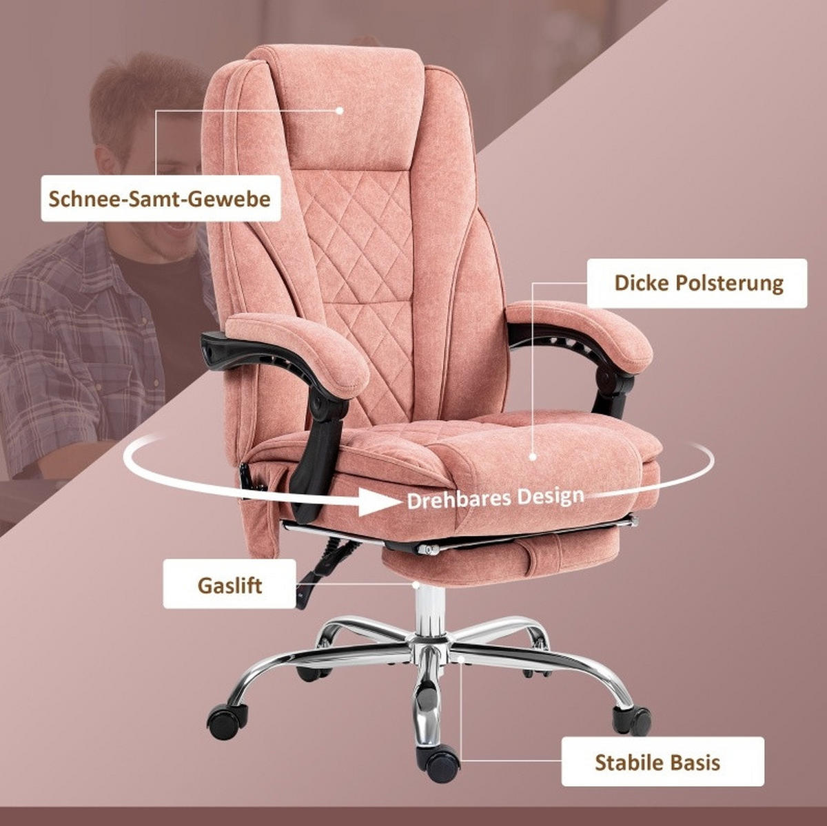 BÜROSTUHL mit Vibrationsmassage 67 x 72 x 111-119 cm Polyester Pink - Pink, Kunststoff (67/119/72cm) - Meubliv